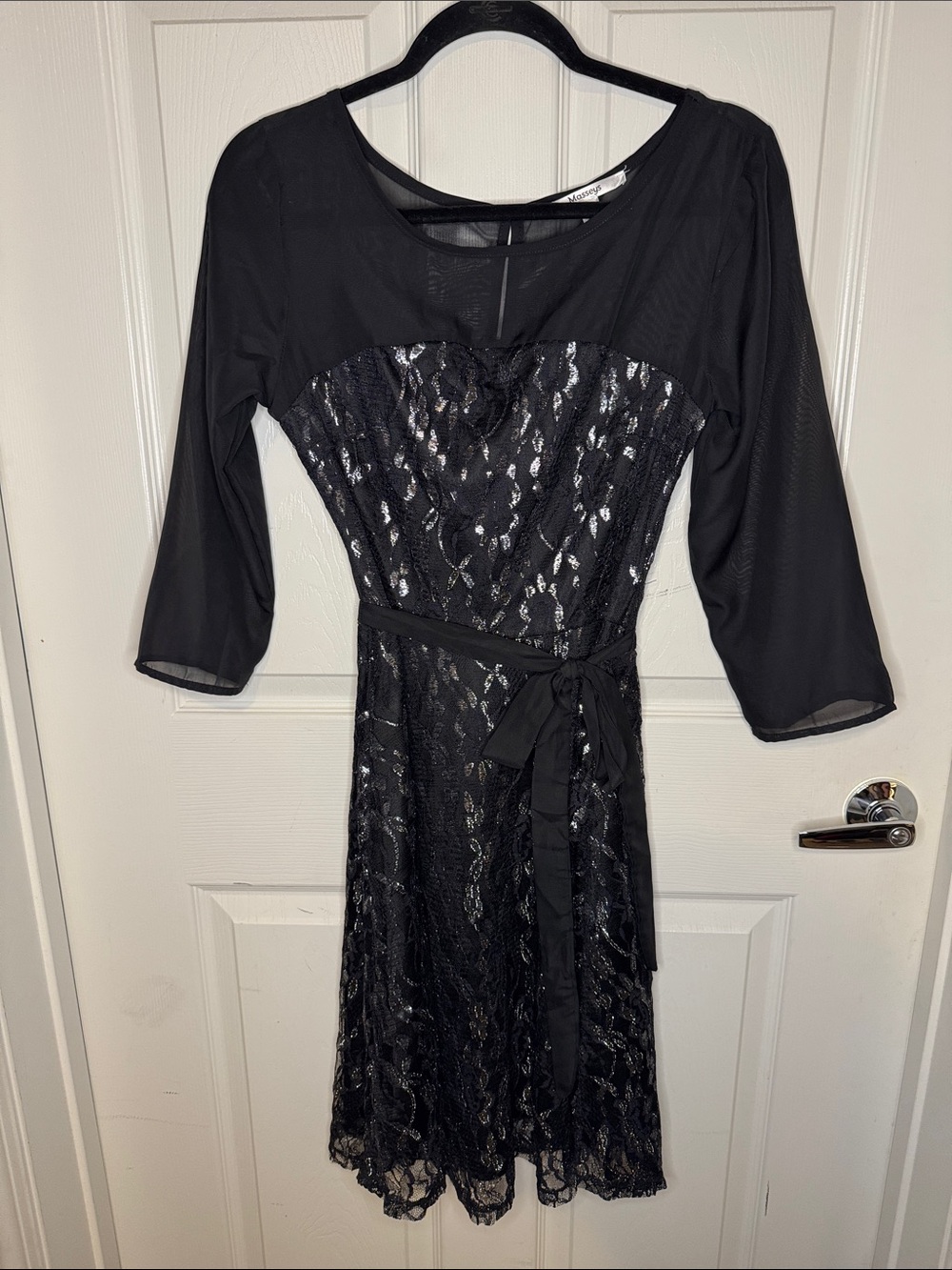 Black Lace Midi Dress with Sheer Three-Quarter Sleeves